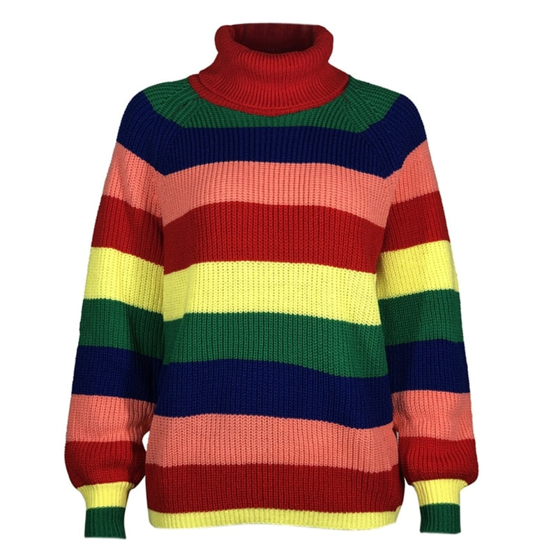 2021 nuevo suéter de manga farol para mujer, suéter de punto de cuello alto con rayas de arcoíris, Tops