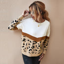 Mode Leopard Patchwork Herbst Winter 2021 Damen Strickpullover Frauen Oansatz Volle Hülse Pullover Pullover Top Khaki Braun