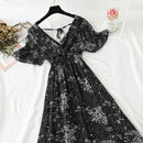 2021 Sommer-Frauen gekräuselte Kurzarm-Chiffon-Kleid mit V-Ausschnitt mit hoher Taille Blumendruck-Strand-Midi-Kleider Backless Sexy Vestidos