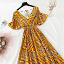 2021 Sommer-Frauen gekräuselte Kurzarm-Chiffon-Kleid mit V-Ausschnitt mit hoher Taille Blumendruck-Strand-Midi-Kleider Backless Sexy Vestidos