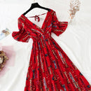 2021 Sommer-Frauen gekräuselte Kurzarm-Chiffon-Kleid mit V-Ausschnitt mit hoher Taille Blumendruck-Strand-Midi-Kleider Backless Sexy Vestidos