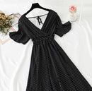 2021 Sommer-Frauen gekräuselte Kurzarm-Chiffon-Kleid mit V-Ausschnitt mit hoher Taille Blumendruck-Strand-Midi-Kleider Backless Sexy Vestidos