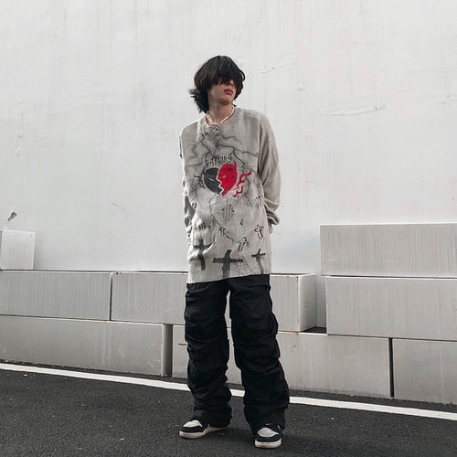 Japonés Corazón roto Agujeros impresos Suéter vintage rasgado Chicas altas Gótico Punk Retro Negro Oscuridad Pull Suéteres para parejas