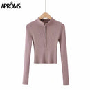 Aproms Elegant High Neck Zipper Front Knitted Sweater Women Solid Basic Cropped Pullover Winter Spring Fashion Clothing Top 2021