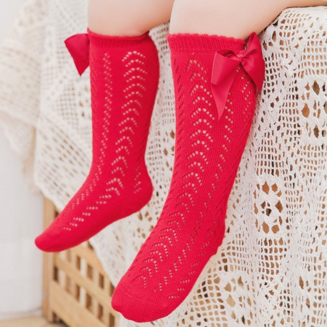 Sommer Baby Mädchen Socken Kleinkinder Bogen Lange Socke Kinder Kniestrümpfe Weiches Baumwollnetz Spanischer Stil Kinder 0-5 Jahre Atmungsaktive Socken