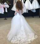 Puffy Tulle Lace Ball Gown Flower Girl Dresses Long Sleeve Girl Princess Dress Illusion Girl Wedding Party Dress First Communion