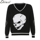 DiiWii  Hot Style Girls Top  V Neck Skull Print Loose   Long Sleeved Sweater