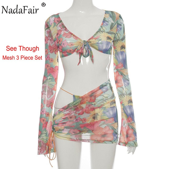 Nadafair Tie Dye Beach Sexy Kleid Frauen Zweiteiler Club Outfits Langarm Crop Tops und Miniröcke Figurbetontes Sommerkleid