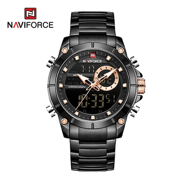 NAVIFORCE Männer Military Sport Armbanduhr Gold Quarz Stahl Wasserdicht Dual Display Männliche Uhr Uhren Relogio Masculino 9163