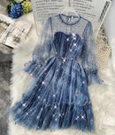 2021 New Female O-neck Stars Sequined Mesh Shiny Fairy Dress Women Elegant Bling Gauze Princess Puff Dresses Vestidos De Fiesta