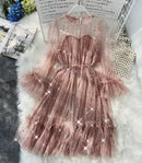 2021 New Female O-neck Stars Sequined Mesh Shiny Fairy Dress Women Elegant Bling Gauze Princess Puff Dresses Vestidos De Fiesta