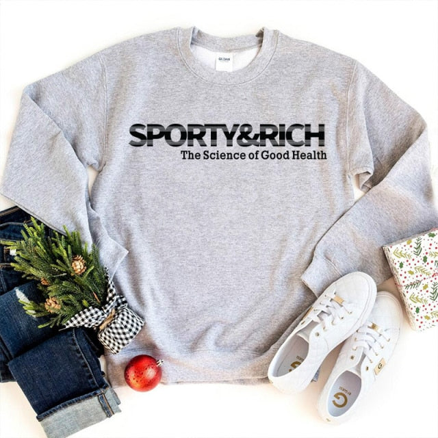 Calelinka American Vintage Sporty&amp;Rich Letters Print Weiß Cool Damen Pullover Rundhals Baumwolle Lose Sprot Liebhaber Sweatshirt