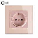 Coswall Wall Tempered Glass Panel Power Socket Grounded 16A EU Russia Spain Outlet With Children Protective Lock