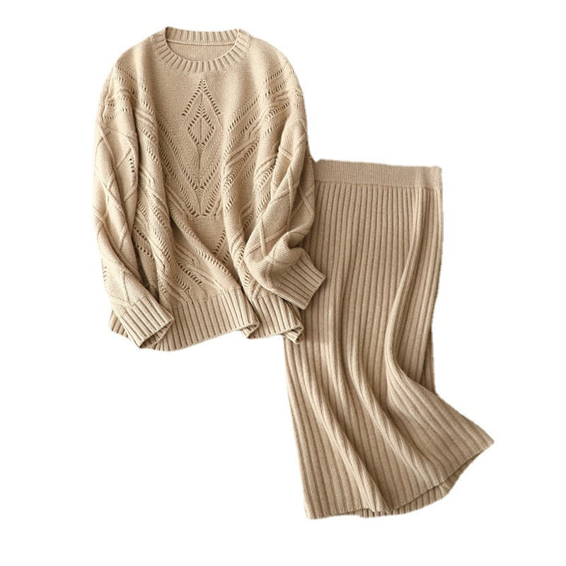 SHUCHAN 100% Kaschmir Zweiteilige Outfits für Damen Büro Dame Pullover Aushöhlen + Bleistiftröcke Elastische Taille Knielang