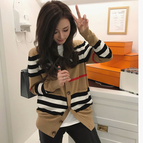 V-neck loose striped sweater thin ladies trench coat Women&#39;s sweater women&#39;s jacket cashmere cardigan mid-length knitted jacket