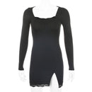 Women Winter Dress Women 2021 New Arrivals Sexy Long Sleeve Lace Split Black White Solid Party Dresses Vestidos