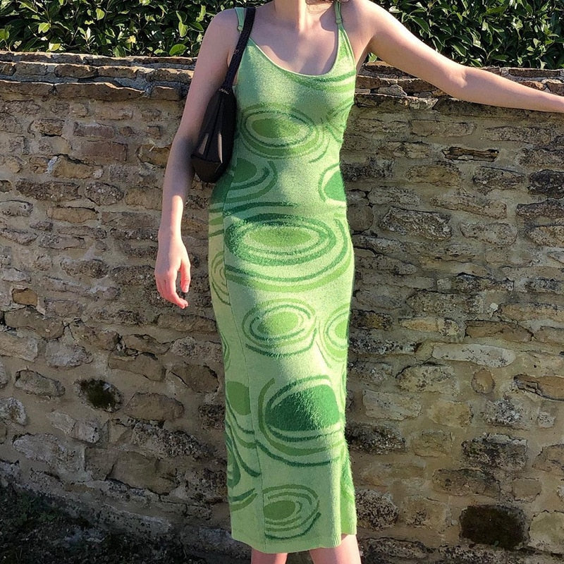 Vestido de punto con estampado de cachemira para mujer verde Y2K verano Sexy Bodycon sin mangas Spaghetti Strap Beach Party Midi vestidos 2021
