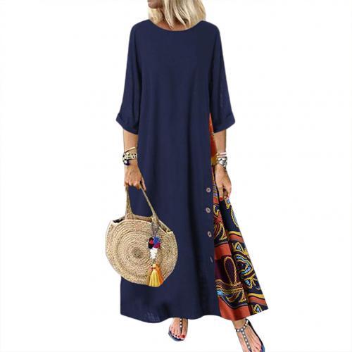 Summer Autumn Plus Size Women Dress Vintage O Neck 3/4 Sleeve Side Buttons Printed Loose Long Dress