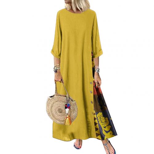 Summer Autumn Plus Size Women Dress Vintage O Neck 3/4 Sleeve Side Buttons Printed Loose Long Dress