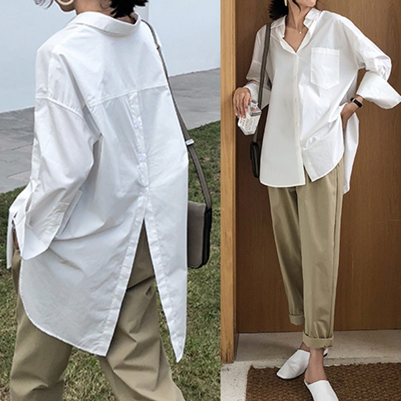 Celmia Damen Weißes Hemd 2021 Übergroße Hemden Mode Revers Casual Solide Langarm Knöpfe Asymmetrisch Top Herbst Blusas 5XL
