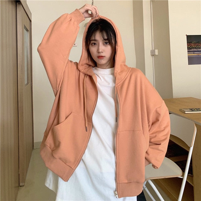 Zip up Women Korean Style hoodies For Girls Top Vintage Solid Long Sleeve Oversized Hooded Sweatshirt Jacket Casual Large Coats