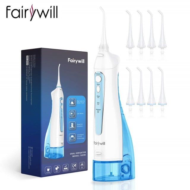 Irrigador de agua Fairywill para dientes, irrigador bucal de 300ML, recargable, portátil, Dental, 3 modos, tanque de agua, limpiador de dientes resistente al agua