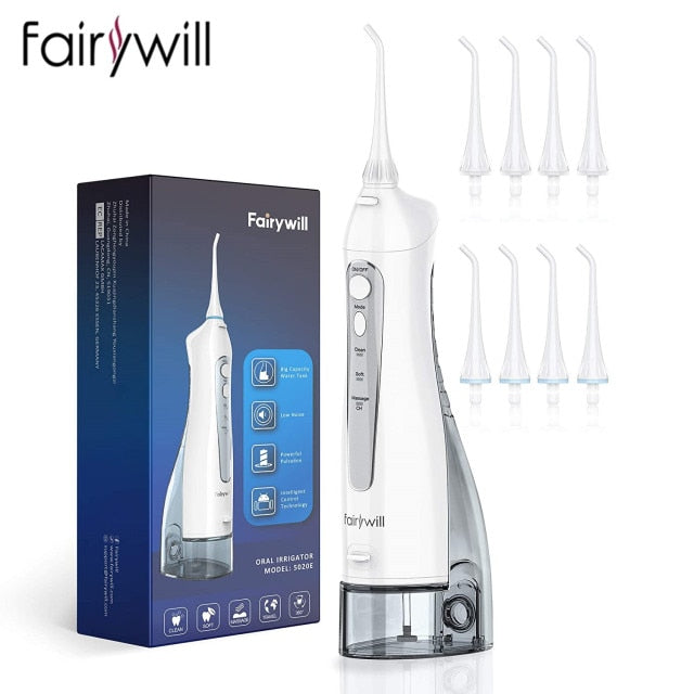 Irrigador de agua Fairywill para dientes, irrigador bucal de 300ML, recargable, portátil, Dental, 3 modos, tanque de agua, limpiador de dientes resistente al agua