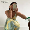 FSDA 2021 Print Knit Bodycon Dress Women Green Y2K Summer Hollow Out Sexy Sleeveless Spaghetti Strap Beach Midi Dresses Party