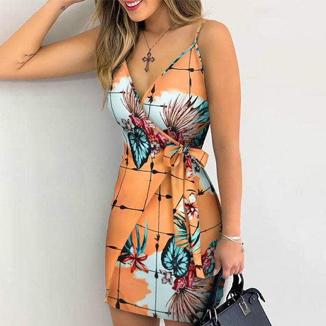 2020 Summer Women Holiday Floral Leaves Print Bodycon V-neck Mini Dress Female Spaghetti Strap Bohemian Beachwear Bow Belt