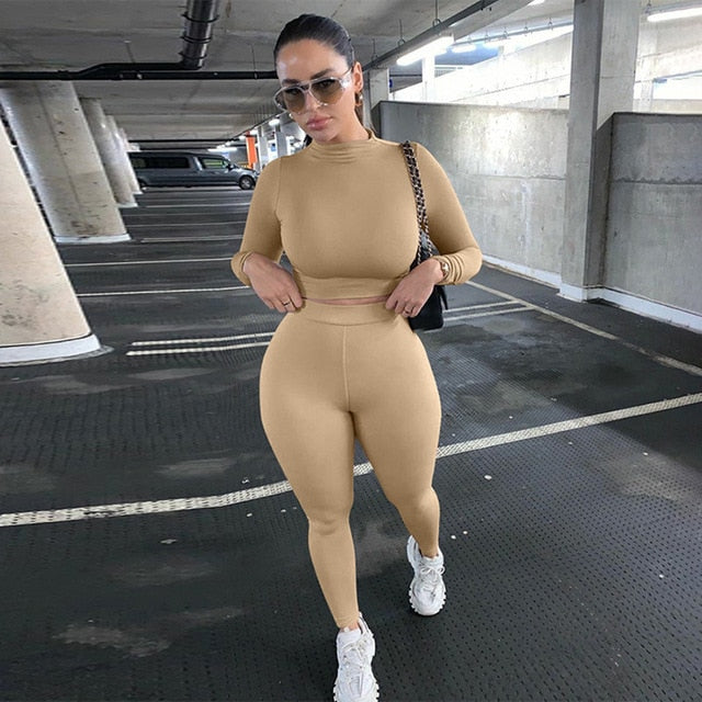 2021 Summer Women Sport Fitness 2 Two Piece Set Outfits Long Sleeve Crop Tops Tshirt Leggings Pants Set Bodycon Tracksuit