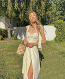 Vestido de verano para mujer, manga corta abullonada, estampado floral, fruncido, fiesta, abertura alta, largo, Maxi Vestidos con cordón, Sexy, vestido de verano