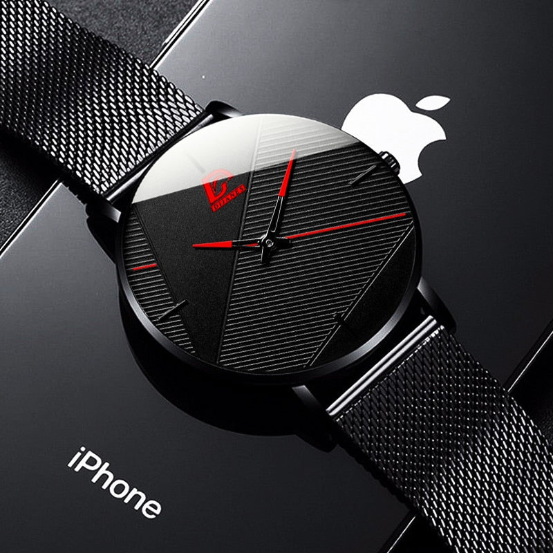 Reloj para hombre 2021, relojes de moda para hombre, reloj de pulsera de cuarzo con correa de malla de acero inoxidable ultrafino negro clásico, reloj masculino