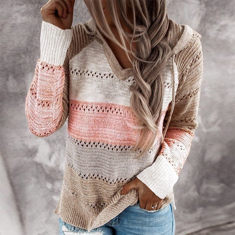 Autumn Women Patchwork Hooded Sweater Long Sleeve V-neck Knitted Sweater Casual Striped Pullover Jumpers 2020 New Female Hoodies