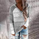 Autumn Women Patchwork Hooded Sweater Long Sleeve V-neck Knitted Sweater Casual Striped Pullover Jumpers 2020 New Female Hoodies