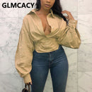 Camisa con botones de manga larga de linterna para mujer Blusa túnica elegante elegante Tops