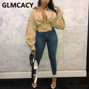 Camisa con botones de manga larga de linterna para mujer Blusa túnica elegante elegante Tops