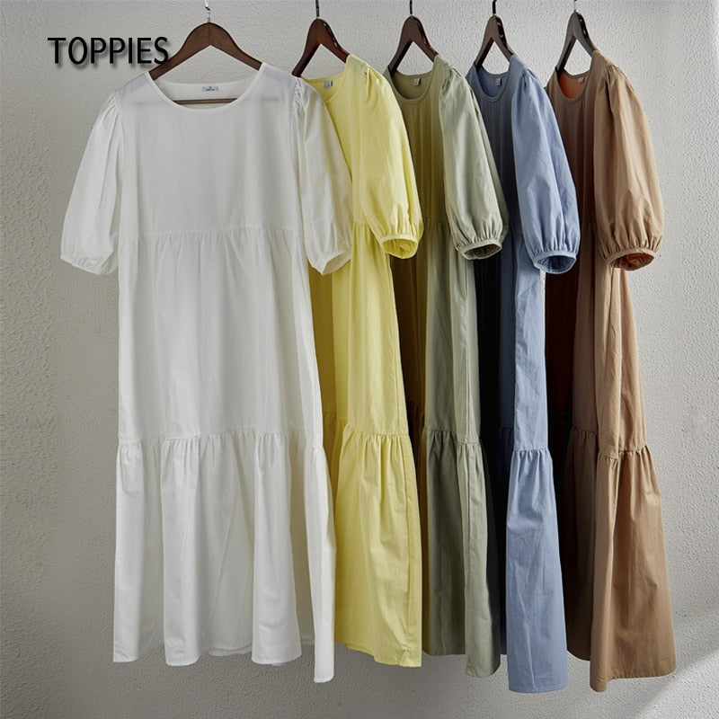 Toppies White Cotton Puff Sleeve Dress Woman Summer Midi Dress Short Sleeve Cascading Ruffles Blouses Dress