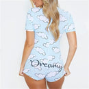 Sexy Women Deep V-neck Bodycon Sleepwear Jumpsuit Bodysuit Shorts Romper Bodysuit Leotard Long Sleeve Print Button Bodysuit New