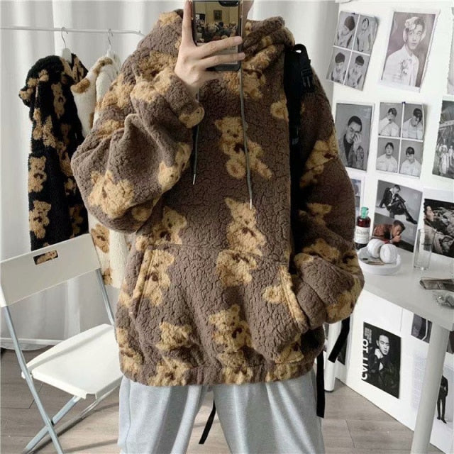 V-hanver little bear Pattern furry Hoodie 2020 Winter Warm Plush  sweet Pullovers Woman Vintage korean Style loose Sweatshirt