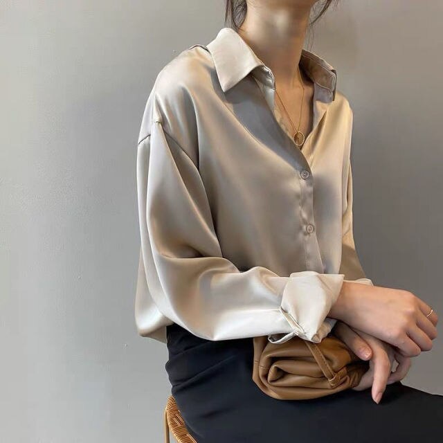 Fashion Autumn Button Up Satin Silk Shirt Tops Vintage Blouse Women White Lady Long Sleeves Female Loose Street Blusas Shirts