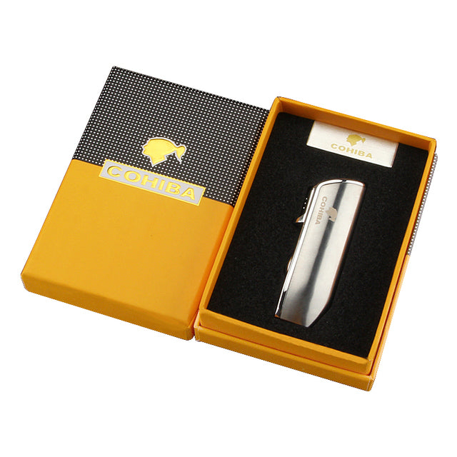 COHIBA Metal Windproof Mini Pocket Cigar Lighter 3 Jet Blue Flame Torch Cigarette Lighters With Cigar Punch Gift Box