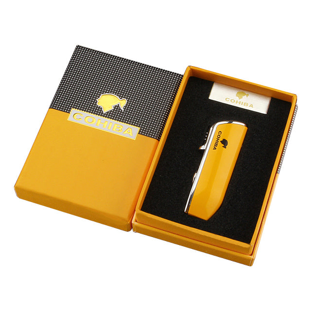 COHIBA Winddichtes Mini-Taschen-Zigarrenfeuerzeug aus Metall, 3 Jet Blue Flame Torch Zigarettenanzünder mit Zigarrenpunsch-Geschenkbox