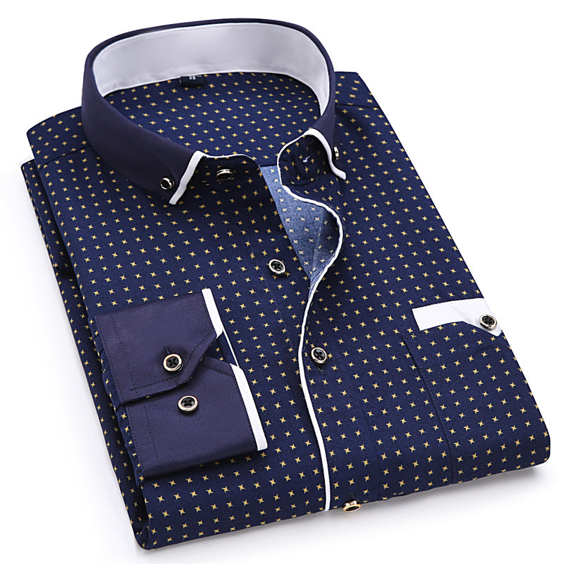 Mode-Druck-beiläufige Männer Langarm-Knopf-Hemd Stitching Pocket Design Stoff weich bequem für Männer Kleid Slim Fit 4XL 8XL