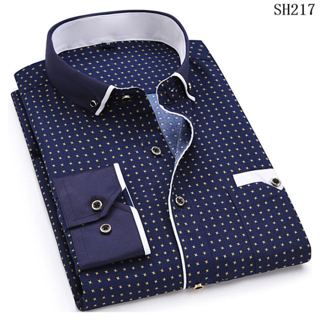 Camisa de manga larga informal con estampado de moda para hombre, diseño de bolsillo con costuras, tela suave y cómoda para hombre, vestido ajustado 4XL 8XL