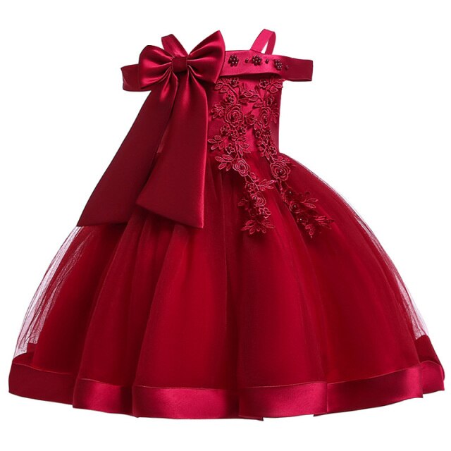 Neue Art-Mädchen-Hochzeitsfest Ein-Zeichen-Schulter-Straps-Kleid-Mädchen-Bogen-Nagel-Perlen-Blumen-Bankett-Ball-Kleid vestidos