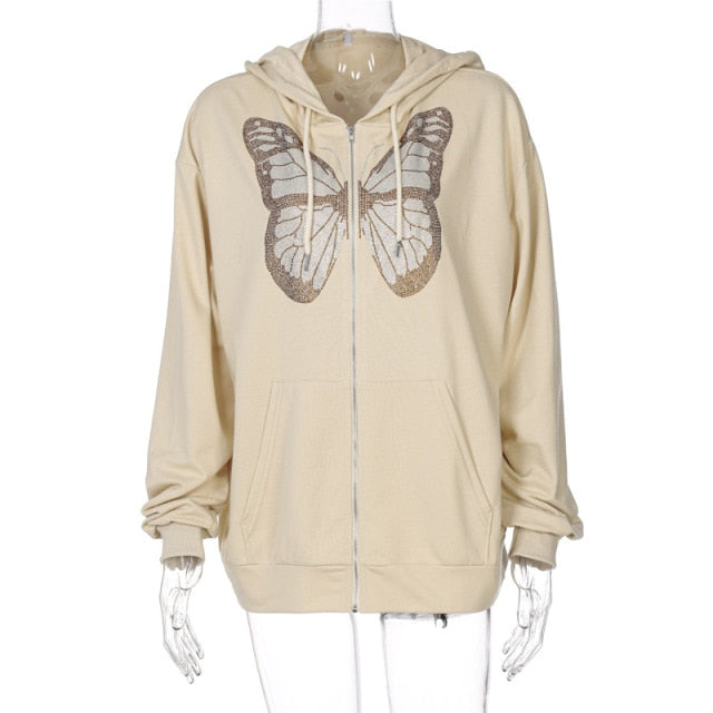 ALLNeon Y2K Mode Übergroße Schmetterlingsgrafik Strass Reißverschluss Hoodies E-Mädchen 90er Streetwear Diamantgrau Lange Jacke Herbst
