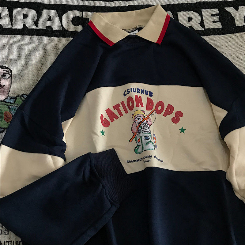 Frauen Sweatshirts Herbst Lässige Vintage Brief Bärendruck Gestreifte Patchwork Polokragen Harajuku Übergroße Kapuzenpullover Tops
