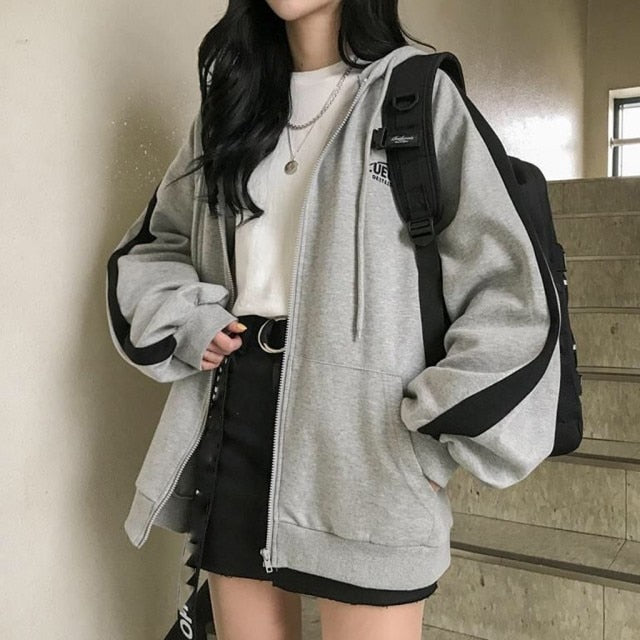 Reißverschluss Frauen koreanischen Stil Hoodies für Mädchen Top Vintage Solide Langarm übergroße Kapuzen-Sweatshirt-Jacke beiläufige große Mäntel