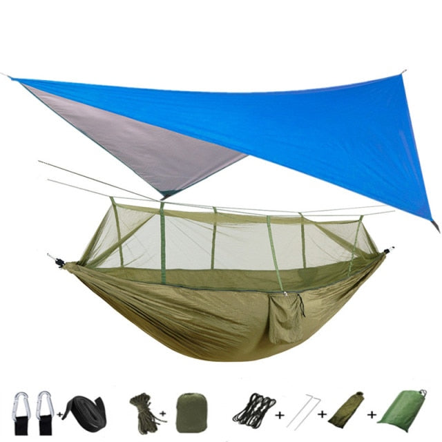 Portable Camping Hammock with Mosquito Net, Rain Fly and Tree Straps for Indoor, Outdoor, Backpacking, Travel, Beach, Hiking