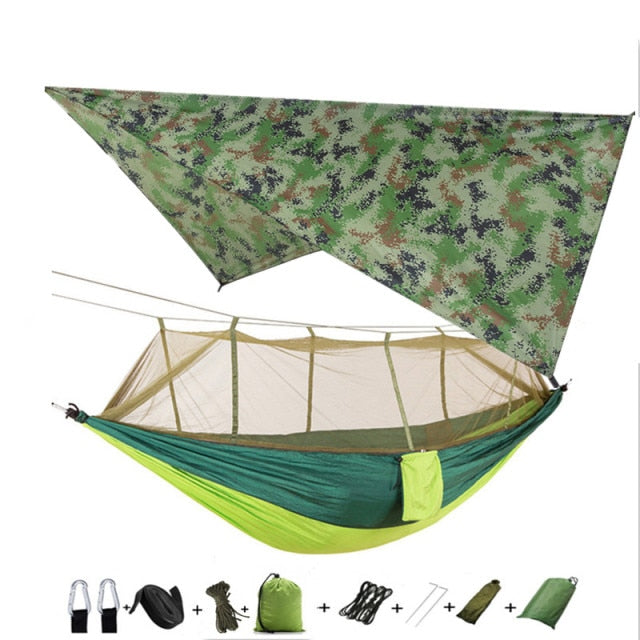 Hamaca portátil para acampar con mosquitera, mosca para la lluvia y correas para árboles para interiores, exteriores, mochileros, viajes, playa, senderismo